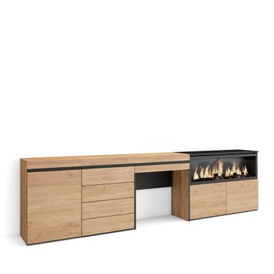 SKRAUT HOME Coiffeuse effet bois ch&ecirc;ne 284x35x75cm chemin&eacute;e effet feu XXL