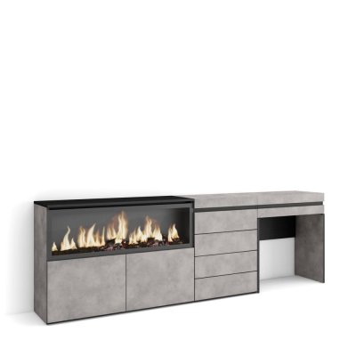 SKRAUT HOME Coiffeuse effet bois ciment 234x35x75cm chemin&eacute;e effet feu XXL
