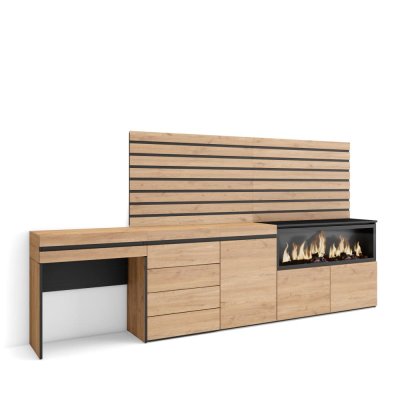 SKRAUT HOME Coiffeuse effet bois de ch&ecirc;ne 284x35x145cm chemin&eacute;e effet feu XXL