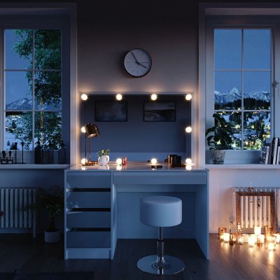 Coiffeuse ""Sherry"" Blanc brillant avec banc et &eacute;clairage led Vicco