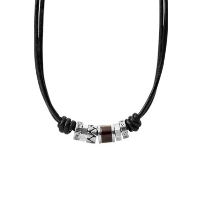 FOSSIL Collier en Cuir Noir avec perles en Acier Inoxydable, JF84068040