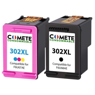 COMETE CONSOMMABLE COMETE - 302XL - 2 Cartouches d'encre Compatibles HP - Couleur/Noir - Marque fran&ccedil;aise