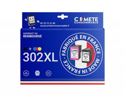 COMETE CONSOMMABLE  302 XL Pack 2 Cartouches MADE IN FRANCE compatibles HP 302XL Noir+Couleur