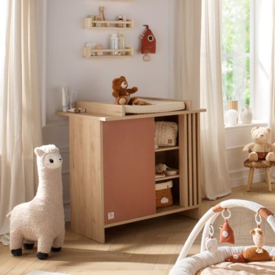 Commode 1 porte color&eacute;e et 3 niches avec claustra en bois d&eacute;cor ch&ecirc;ne Suave - TOKYO