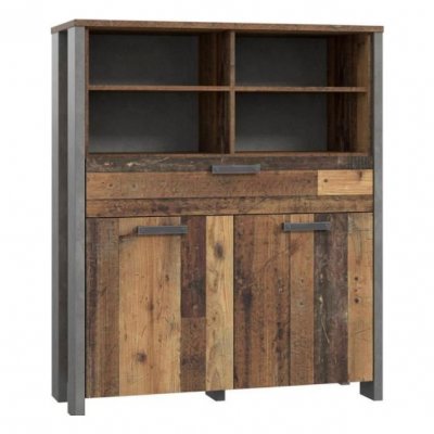 Commode 2 portes et 1 tiroir effet bois vieilli et b&eacute;ton gris - buck