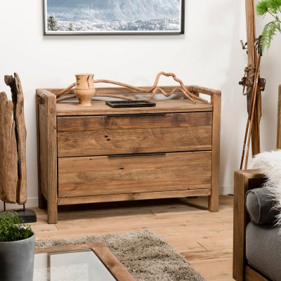 Commode 2 tiroirs en pin recycl&eacute; et poign&eacute;es en m&eacute;tal noir