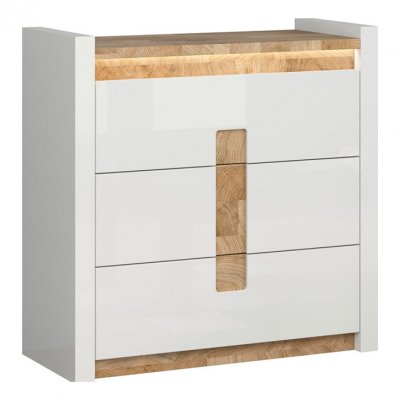 Commode 3 tiroirs avec LED Helios Blanc laqu&eacute; et Bois