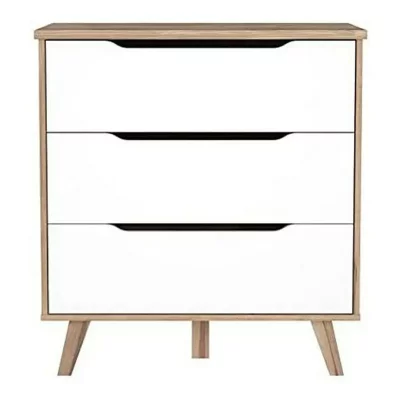 Commode 3 tiroirs - D&eacute;cor ch&ecirc;ne et blanc mat - Pieds en massif - Scandinave L 80 cm - VANKKA