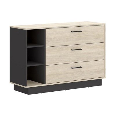 Commode 3 tiroirs et 3 niches - Coloris : Naturel et anthracite - LEANDRE