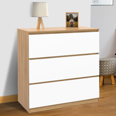 Commode 3 tiroirs TOMI 78 cm fa&ccedil;on h&ecirc;tre et blanc