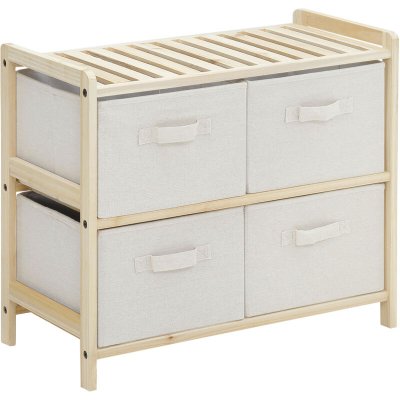 Commode 4 tiroirs tissu polyester beige bois sapin