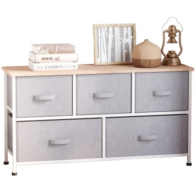 Commode 5 tiroirs non-tiss&eacute;s gris structure m&eacute;tal blanc plateau aspect bois clair