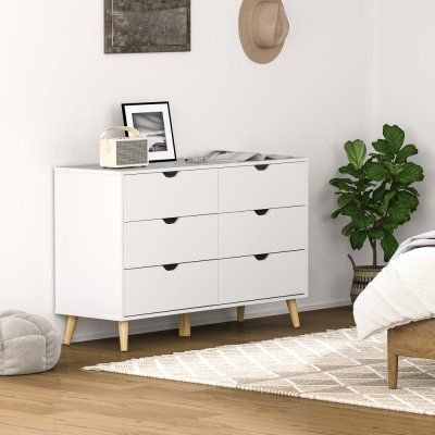 Commode 6 tiroirs design scandinave bois pin panneaux blanc