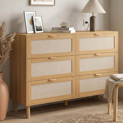 Commode 6 tiroirs ROBIN 115 cm bois et effet lin