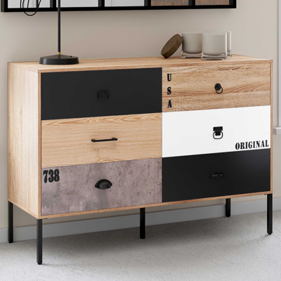 Commode 6 tiroirs SACRAMENTO 115 cm design industriel d&eacute;pareill&eacute;