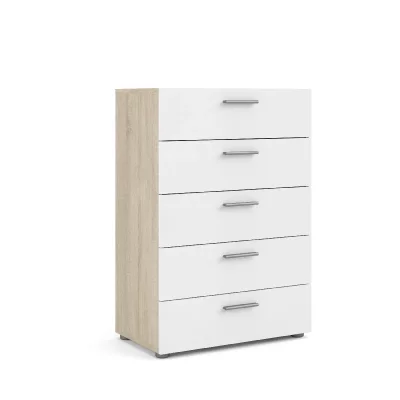 Commode &agrave; cinq tiroirs, ch&ecirc;ne et blanc brillant, 70 x 102 x 40,25 cm