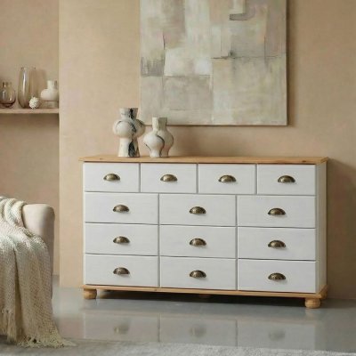 Commode apothicaire COLMAR en pin massif, 11 tiroirs, lasur&eacute; blanc et brun