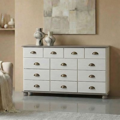 Commode apothicaire COLMAR en pin massif, 11 tiroirs, lasur&eacute; blanc et taupe