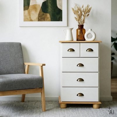 Commode apothicaire COLMAR en pin massif, 4 tiroirs, lasur&eacute; blanc et brun
