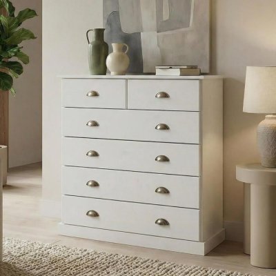 Commode de chambre PARIS avec 6 tiroirs en pin massif lasur&eacute; blanc 