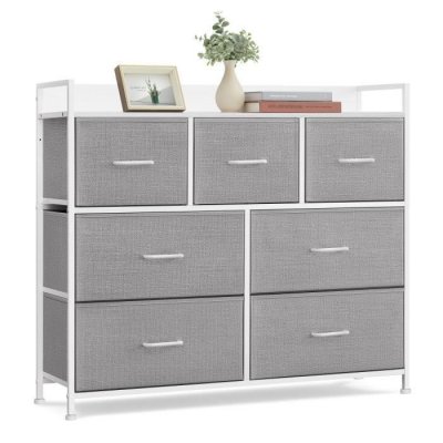 Commode de Chambre - SONGMICS - 7 Tiroirs en Tissu - Gris Tourterelle et Blanc Nuage