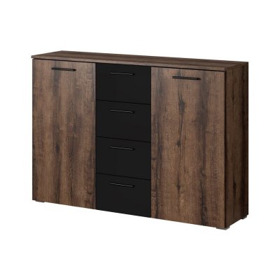Commode design 2 portes et 4 tiroirs 130cm. Collection EOS coloris ch&ecirc;ne fonc&eacute; et noir