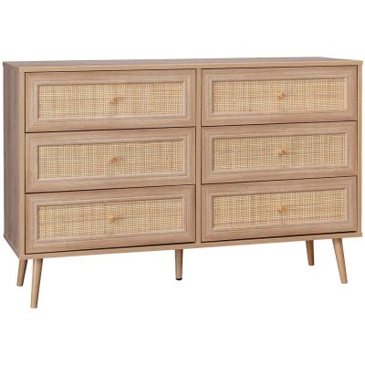 Commode effet bois et cannage 6 tiroirs Boh&egrave;me - 120x39x79cm