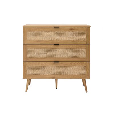 Commode en bois clair, cannage en rotin et m&eacute;tal noir 3 tiroirs L100 cm MANILLE