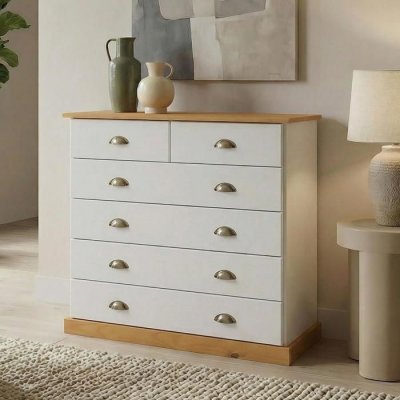 Commode PARIS en pinmassif, 6 tiroirs, lasur&eacute; blanc et brun 