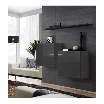 Commode - Switch SB I - 2 vitrines carr&eacute;es - 1 &eacute;tag&egrave;re - Noir et graphite - Mod&egrave;le 1