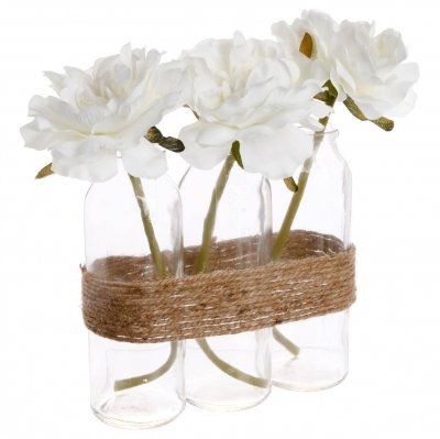 Composition roses artificielles + tube en verre H. 23 cm
