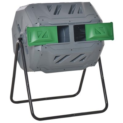 OUTSUNNY Composteur de jardin -  - Double chambre 160 L - Rotatif 360&deg; - Acier noir PP vert gris