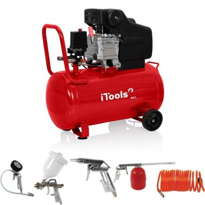 ITOOLS Compresseur -  - 50L - 8 bar - Silencieux - Kit 5 accessoires
