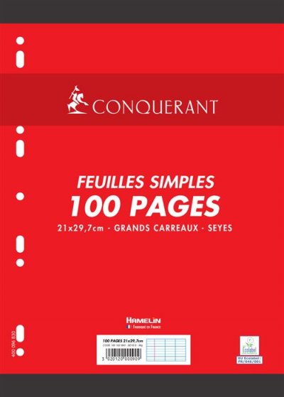 CONQUERANT CONQU&Eacute;RANT 92068 Feuillet Mobile Sep T A4 210x297mm 100f 90g S&eacute;y&egrave;s Perfor&eacute; Vert