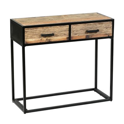 Console 2 tiroirs en teck recycl&eacute; et m&eacute;tal laqu&eacute; noir - TANETOA -