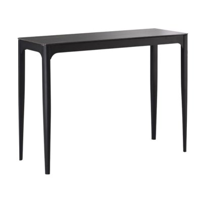 Console plateau mdf placage c&eacute;ramique noir marbr&eacute; et pieds m&eacute;tal laqu&eacute;