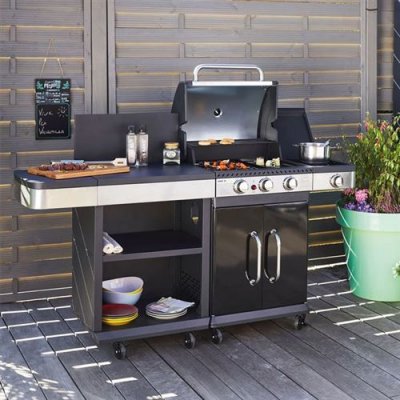 COOK IN GARDEN Cook'In Garden Ensemble Barbecue &agrave; Gaz 3 Br&ucirc;leurs, r&eacute;chaud lat&eacute;ral et desserte - FIDGI 3