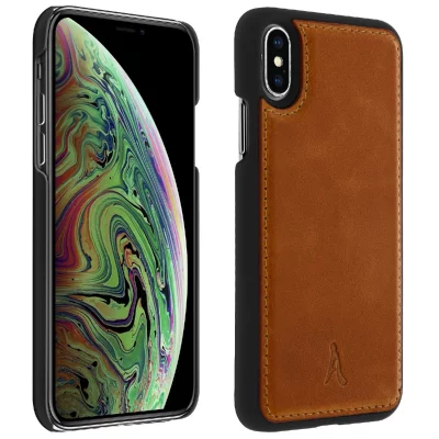 AKASHI Coque Apple iPhone X / XS Protection Rigide Cuir V&eacute;ritable  Camel - Neuf