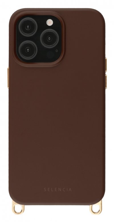 SELENCIA Coque arri&egrave;re Rivi&egrave;ra MagSafe pour iPhone 14 Pro - Crochets amovibles - Silicone Choco Brown