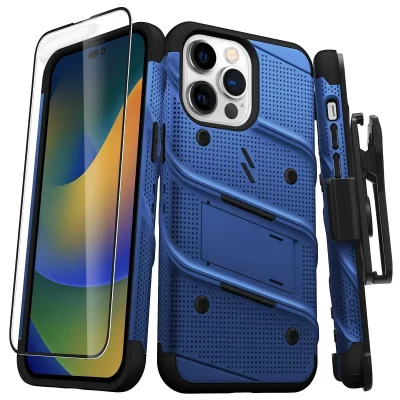 ZIZO Coque Blind&eacute; Bolt iPhone 14 Pro Max avec Support et Verre Tremp&eacute; R&eacute;sistant 3.5m Bleu marine - Neuf