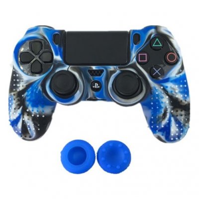 OEM Coque de protection en silicone avec 2 caps pour manette PS4/Slim/Pro - Camouflage blue