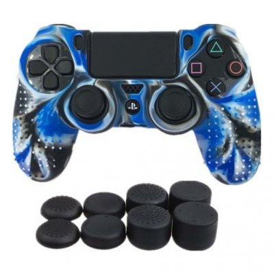 OEM Coque de protection en silicone avec 8 caps pour manette PS4/Slim/Pro - Camouflage blue