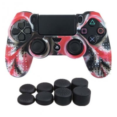 OEM Coque de protection en silicone avec 8 caps pour manette PS4/Slim/Pro - Camouflage rouge