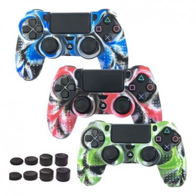 OEM Coque de protection en silicone avec 8 caps pour manette PS4/Slim/Pro - Camouflage vert