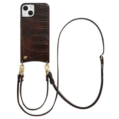 SELENCIA Coque de t&eacute;lephone Nova Croco avec cordon et porte-cartes pour iPhone 14 / 13 - Choco Brown