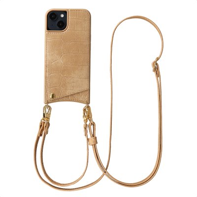 SELENCIA Coque de t&eacute;l&eacute;phone Nova Croco avec cordon et porte-cartes pour iPhone 14 / 13 - Toasted Almond