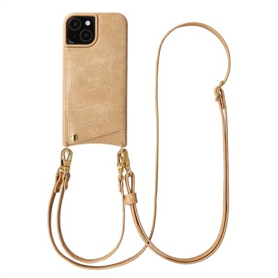 SELENCIA Coque de t&eacute;l&eacute;phone Nova Croco avec cordon et porte-cartes pour iPhone 15 Toasted Almond