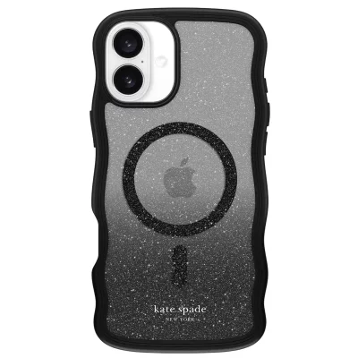 KATE SPADE Coque MagSafe pour iPhone 16 Plus Design Wavy Glitter Nightfall Noir transparent
