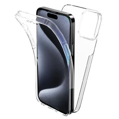 HTDMOBILES Coque Pour Apple Iphone 15 Pro - Housse Etui Silicone Gel 360 Integrale + Film Ecran - Transparent
