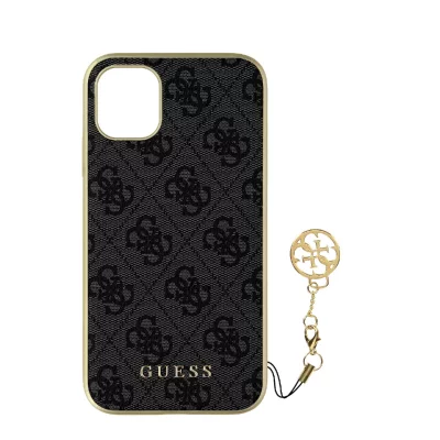 GUESS Coque pour iPhone 11 Bi-mati&egrave;re Finition Aspect Cuir 4G Charms Gris fonc&eacute;